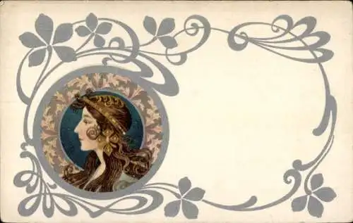 Jugendstil Ak Frau mit braunen Haaren, Haarschmuck, Profil