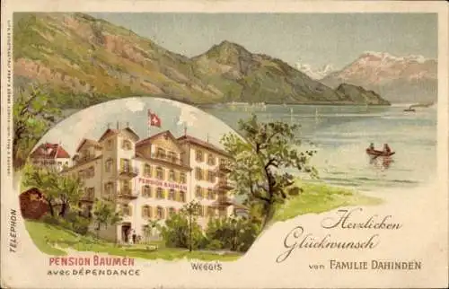 Litho Weggis Kanton Luzern, Pension Baumen, Gebirge, Ruderboot