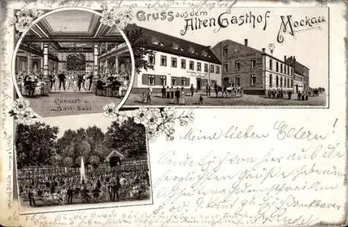 Litho Mockau Leipzig in Sachsen, Alter Gasthof, Konzertsaal, Garten, Kutsche