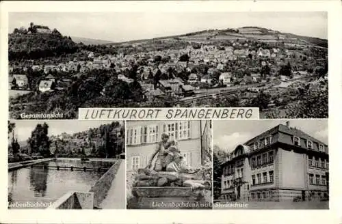 Ak Spangenberg in Hessen, Gesamtansicht, Liebenbachbad, Denkmal, Stadtschule