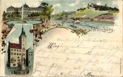 Litho Würzburg am Main Unterfranken, Schloss, Springbrunnen