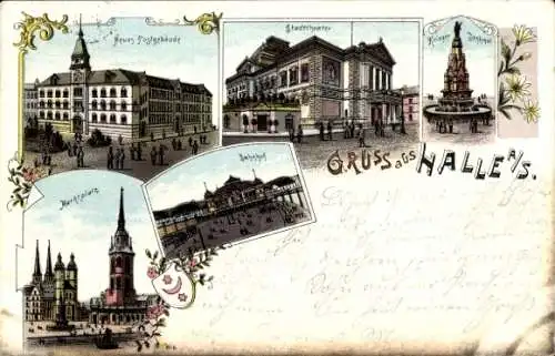 Litho Halle an der Saale, Marktplatz, Neues Postgebäude, Stadttheater, Kriegerdenkmal, Bahnhof