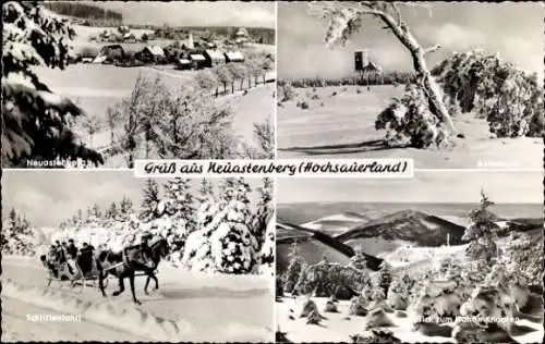 Ak Neuastenberg Winterberg im Sauerland, Schlittenfahrt, Hoher Knochen, Astenturm, Winter