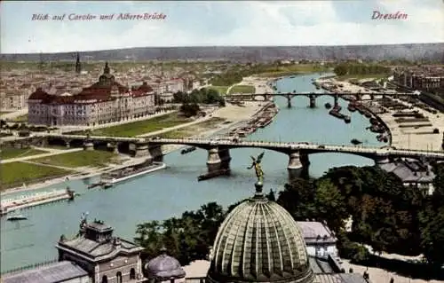 Ak Dresden Altstadt, Panorama zur Neustadt, Carolabrücke, Albert-Brücke