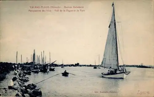 Ak Valras Plage Hérault, Station Balneaire, Perspective de l'Orb, Vue de la Digue et le Port