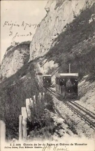 Ak Monnetier Mornex Haute Savoie, Saleve-Eisenbahn und Chateau de Monnetier