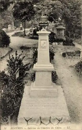 Ak Asnières sur Seine Hauts-de-Seine, Innenraum des Hundefriedhofs, Grabstein