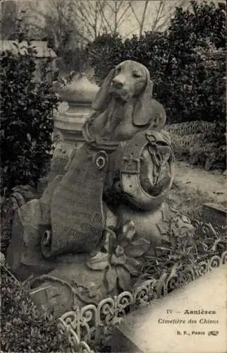 Ak Asnières sur Seine Hauts-de-Seine, Innenraum des Hundefriedhofs, Grabstein