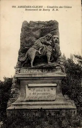 Ak Asnières sur Seine Hauts-de-Seine, Hundefriedhof, Barry-Denkmal