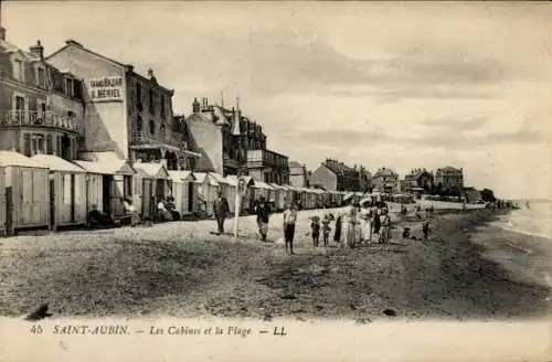 Ak Saint Aubin sur Mer Calvados, Strand, Kabinen