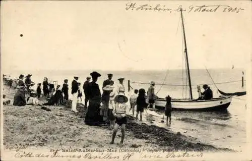 Ak Saint Aubin sur Mer Calvados, Strand, Depart pour la Promenade