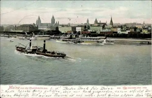 Ak Mainz am Rhein, Teilansicht, Blick von der Rheinbrücke, Schiffe