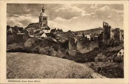 Künstler Ak Wille, F. v., Hillesheim Eifel, Panorama, Kirche, Wandgemälde Kreishaus zu Daun