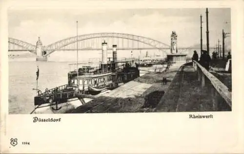 Ak Düsseldorf am Rhein, Rheinwerft, Brücke, Schiffe, Anleger