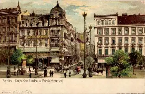 Litho Berlin Mitte, Unter den Linden und Friedrichstraße, Hotel Bauer, Tram