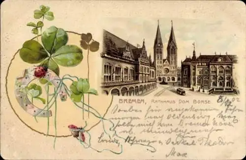 Präge Litho Hansestadt Bremen, Rathaus, Dom, Börse, Straßenbahn, Hufeisen, Kleeblatt, Marienkäfer