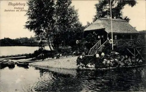 Ak Magdeburg an der Elbe, Stadtpark, Bootshaus, Mittagsee