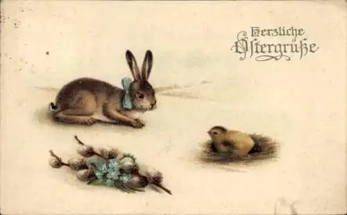 Ak Glückwunsch Ostern, Osterhase, Küken, Weidenkätzchen