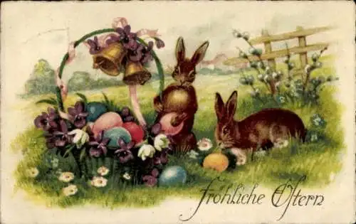 Ak Glückwunsch Ostern, Osterhasen, Weidenkätzchen, Ostereier, Korb