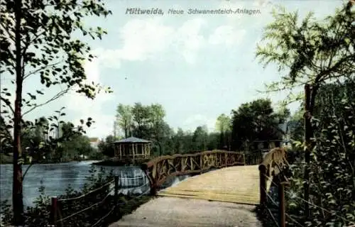 Ak Mittweida in Sachsen, Neue Schwanenteich-Anlagen, Pavillon, Brücke