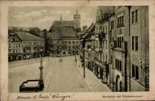 Ak Mittweida in Sachsen, Marktplatz, Friedensbrunnen, Kirche