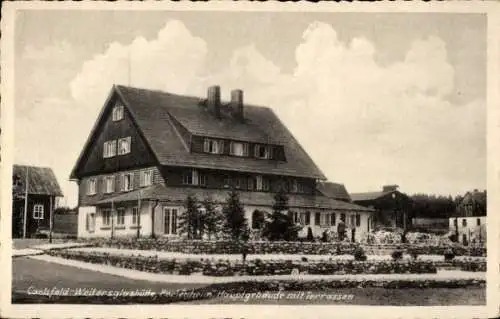 Ak Carlsfeld Weitersglashütte Eibenstock Erzgeb., Ferienheim Hugo Reichardt, Hauptgebäude, Terrasse