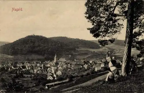 Ak Nagold im Schwarzwald, Gesamtansicht, Frau mit Schirm