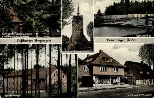 Ak Bispingen in der Lüneburger Heide, Kirche, Jugendherberge, Kaufhaus F. W. Müller, Schwimmbad