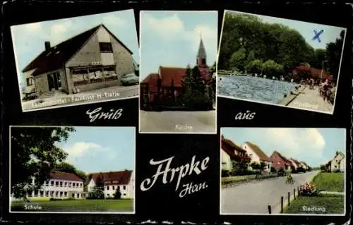 Ak Arpke Lehrte in Niedersachsen, Geschäftshaus H. Tietje, Kirche, Waldbad, Siedlung, Schule