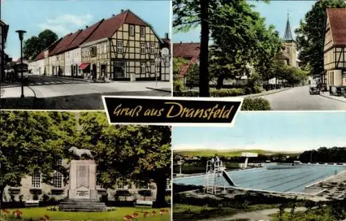 Ak Dransfeld in Niedersachsen, Straßenpartie, Kirche, Denkmal, Schwimmbad