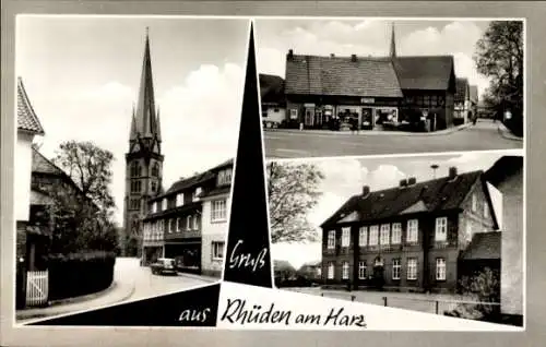 Ak Rhüden Seesen am Harz, Kirche, Geschäftshaus H. Rose, Teilansichten