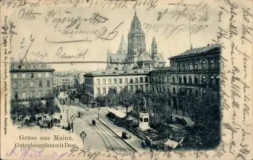 Ak Mainz am Rhein, Gutenbergplatz, Denkmal, Dom, Geschäftshaus Schneider