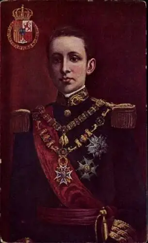 Ak König Alfonso XIII. von Spanien, Portrait, Uniform, Wappen