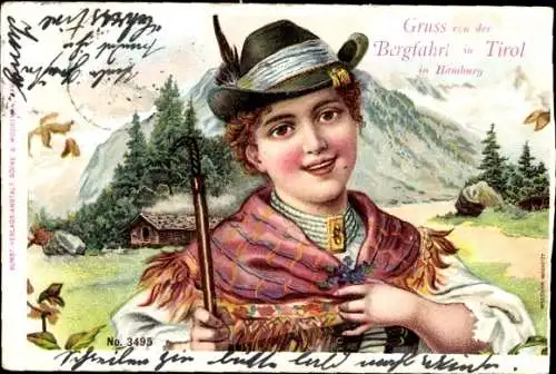 Litho Hamburg, Bergfahrt in Tirol, Frau in Tracht, Haus, Berg