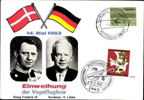 Ak Einweihung der Vogelfluglinie, 14. Mai 1963, König Frederik IX, Bundespräsident H. Lübke