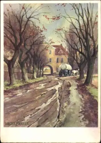 Künstler Ak Merker, Walter, Landschaften im Spätherbst, Straße, Fuhrwerk
