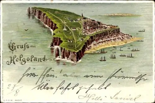 Litho Helgoland Nordsee, Blick auf Hauptinsel, Schiffe