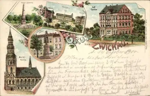 Litho Zwickau in Sachsen, Marienkirche, Café Carola, Kriegerdenkmal, Bismarckdenkmal, Platz