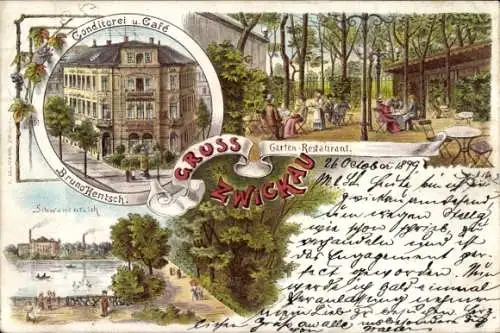 Litho Zwickau in Sachsen, Conditorei und Cafe Bruno Hentsch, Gartenrestaurant, Schwanenteich