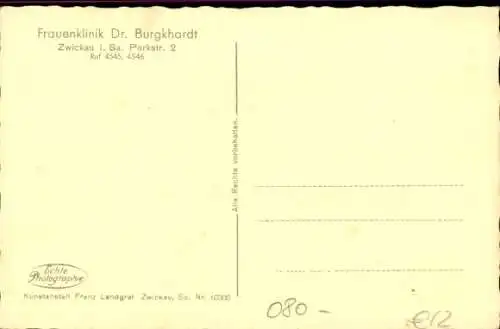 Ak Zwickau in Sachsen, Frauenklinik Dr. Burgkhardt, Parkstraße 2