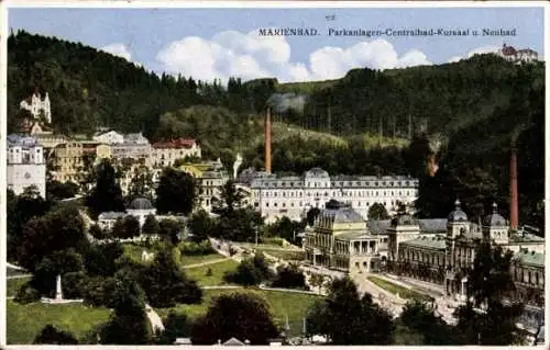 Ak Mariánské Lázně Marienbad Region Karlsbad, Parkanlagen, Zentralbad, Kursaal, Neubad