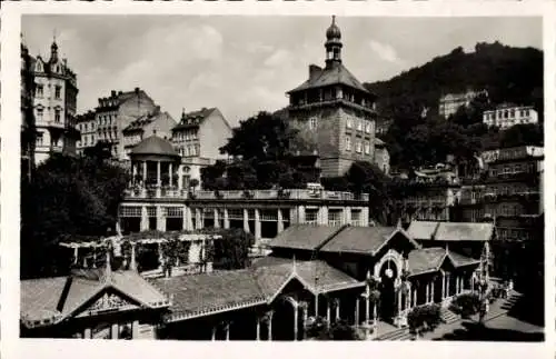 Ak Karlovy Vary Karlsbad Stadt, Schlossbrunnen, Stadtturm