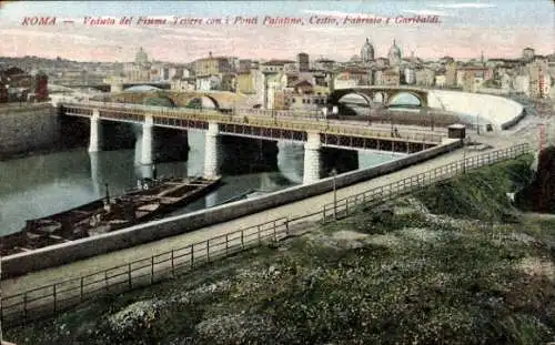 Ak Roma Rom Lazio, Veduta del Fiume Tevere con i Ponti Palatino, Cestio, Fabrizio e Garibaldi