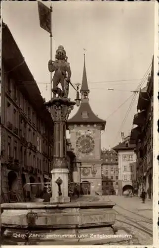 Ak Bern Stadt Schweiz. Zähringerbrunnen, Zeitglockenturm