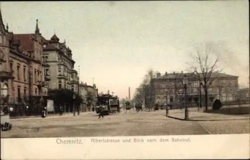 Ak Chemnitz in Sachsen, Albertstraße und Blick nach dem Bahnhof, Straßenbahn