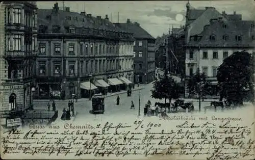 Mondschein Ak Chemnitz in Sachsen, Nicolaibrücke mit Langestraße, Straßenbahn, Restaurant