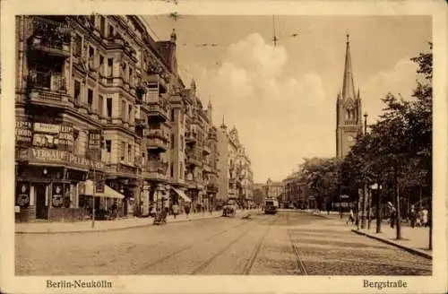 Ak Berlin Neukölln, Bergstraße, Kirche, Pelzwarengeschäft