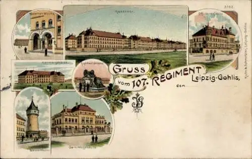 Litho Gohlis Leipzig in Sachsen, 107. Regiment, Kasernen, Offiziers Casino, Wasserturm, Gericht