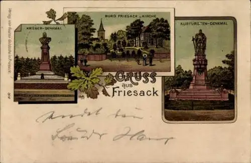 Litho Friesack in der Mark, Kurfürstendenkmal, Burg, Kirche, Kriegerdenkmal