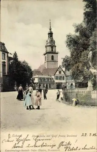 Ak Erbach im Odenwald Hessen, Stadtkirche, Graf Franz Denkmal, Passanten